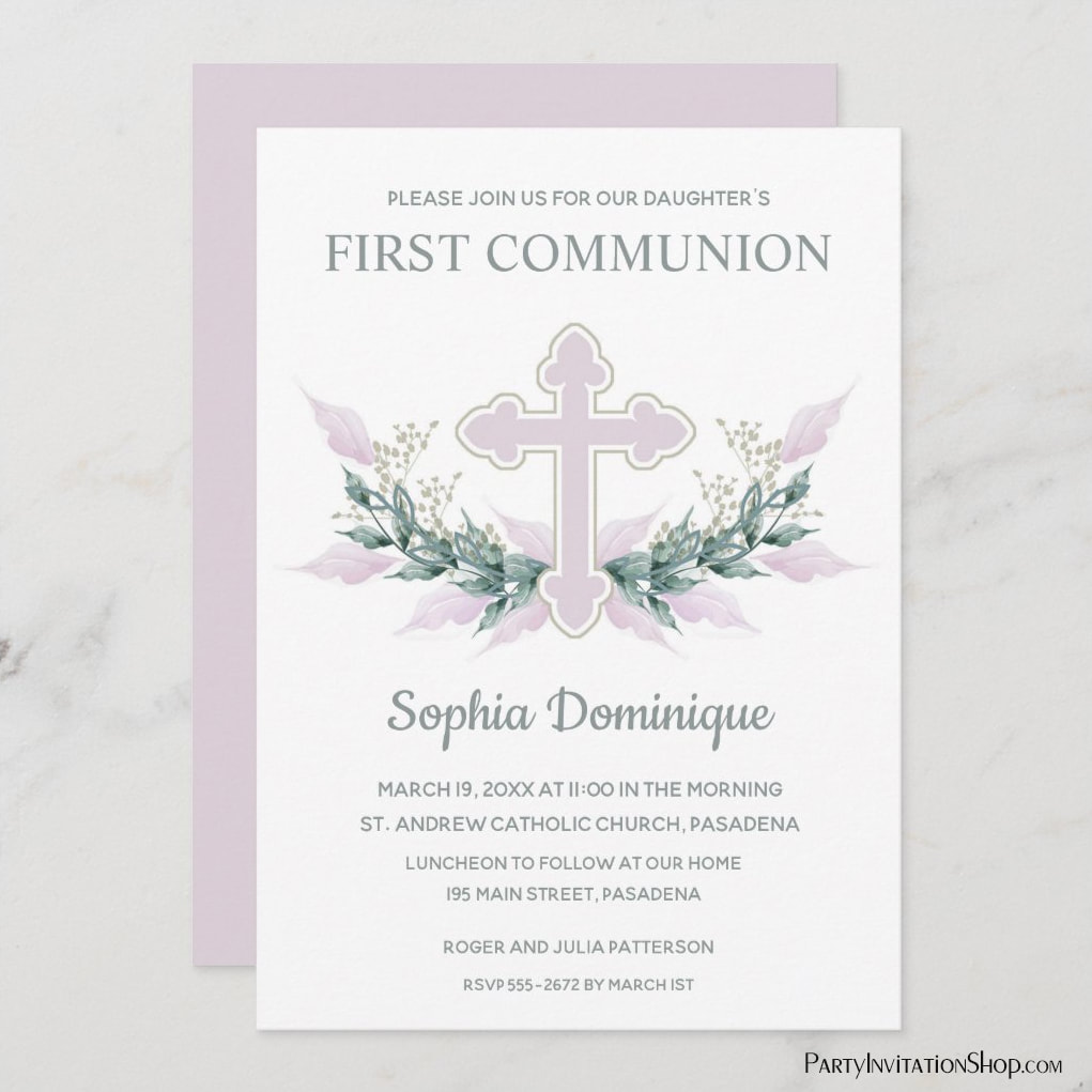 Wreath & Pink Cross First Communion, Baptism, Christening Invitations at PartyInvitationShop.com