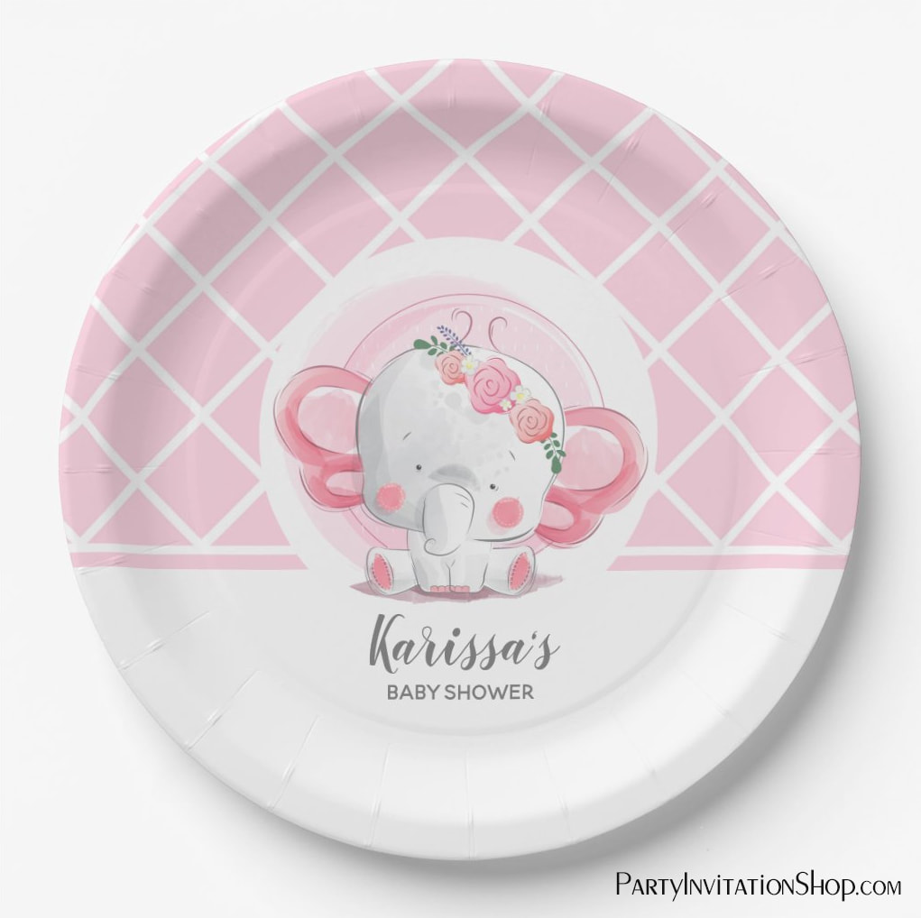 Pink Elephant Girl Baby Shower Paper Plate