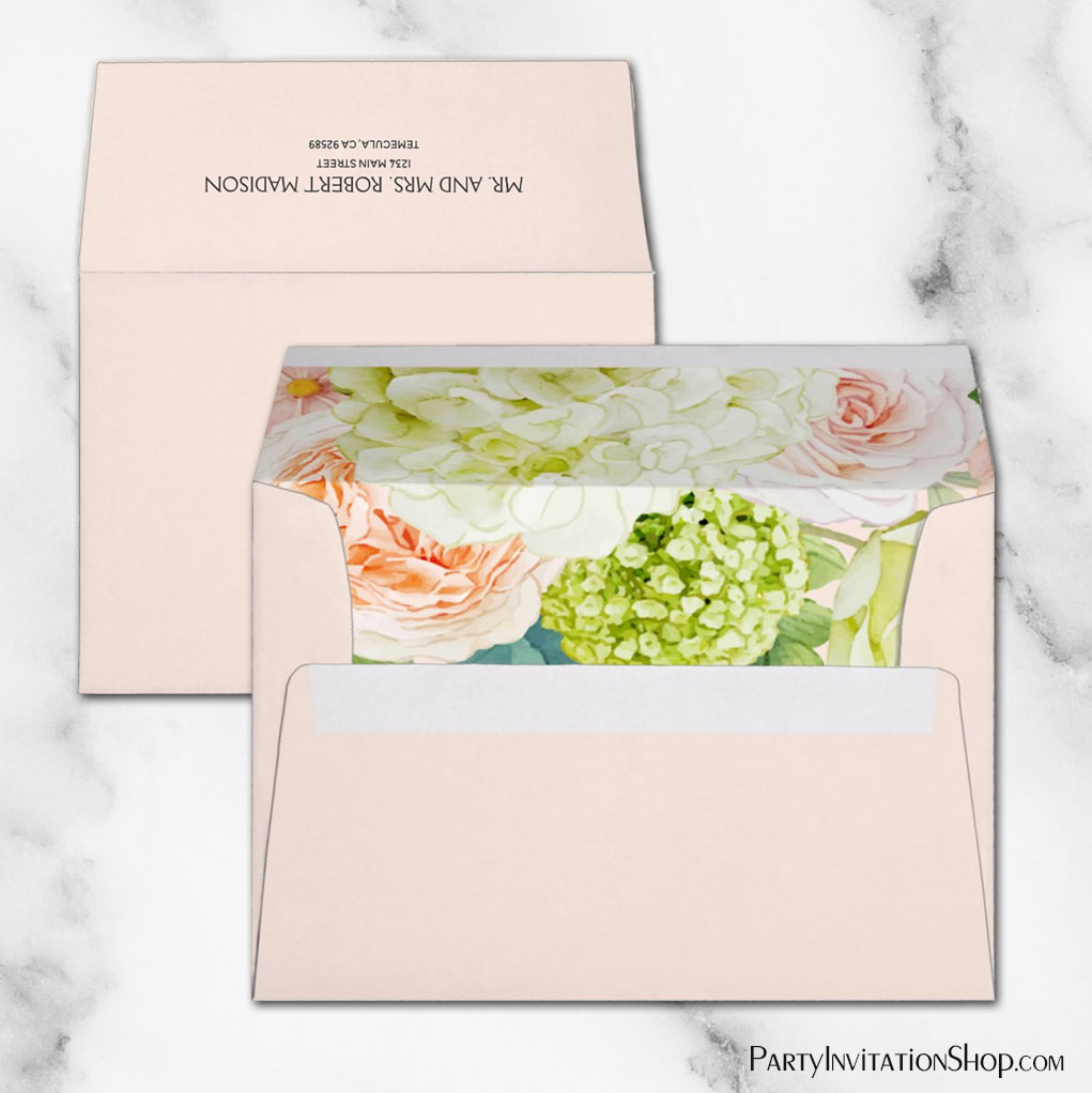 Chic Hydrangea Roses Floral Lined Pink Envelope