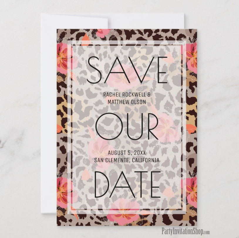 Pink Floral Animal Print Wedding Save the Date Cards
