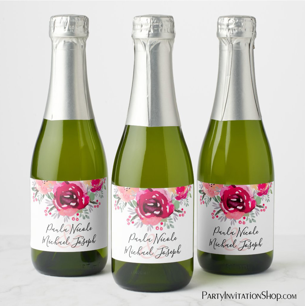 Chic Hot Pink Watercolor Floral Wedding Mini Champagne Labels