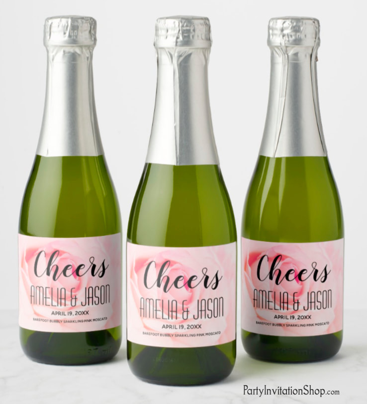 Pale Pink Rose mini champagne / wine bottle personalized labels. PartyInvitationShop.com