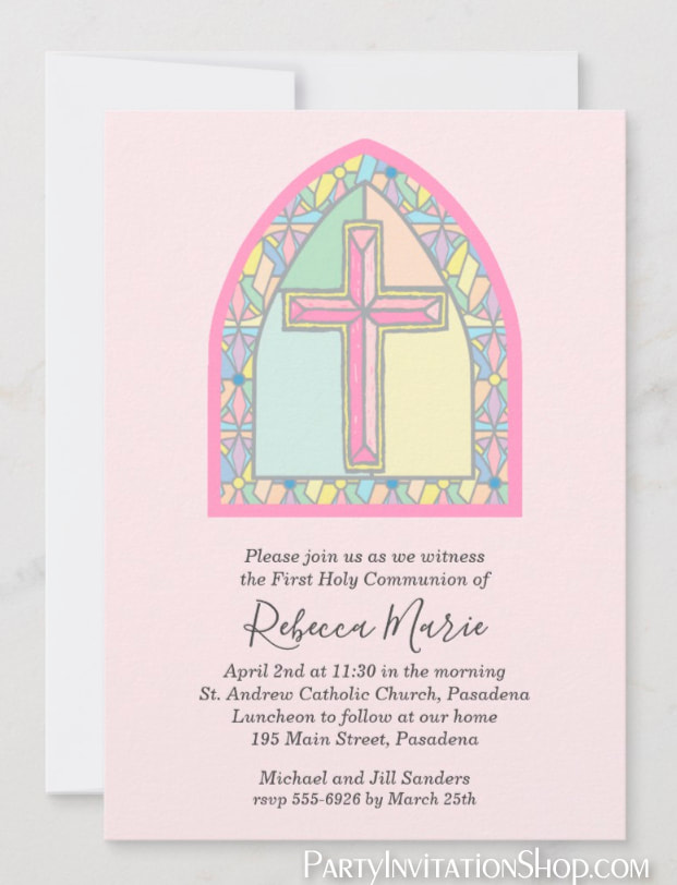 Pink Cross Stained Glass Window Invitations for First Communion, Baptism, Communion at PartyInvitationShop.com MATCHING thank you notes, paper plates, napkins and more. 