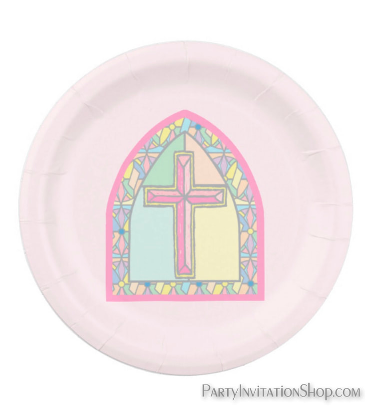 Pink Cross Stained Glass Window paper plates for First Communion, Baptism, Communion at PartyInvitationShop.com MATCHING invitations, thank you notes, napkins and more. 