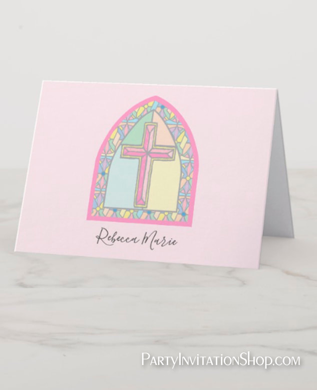 Pink Cross Stained Glass Window Thank You Cards for First Communion, Baptism, Communion at PartyInvitationShop.com MATCHING invitations, paper plates, napkins and more. 