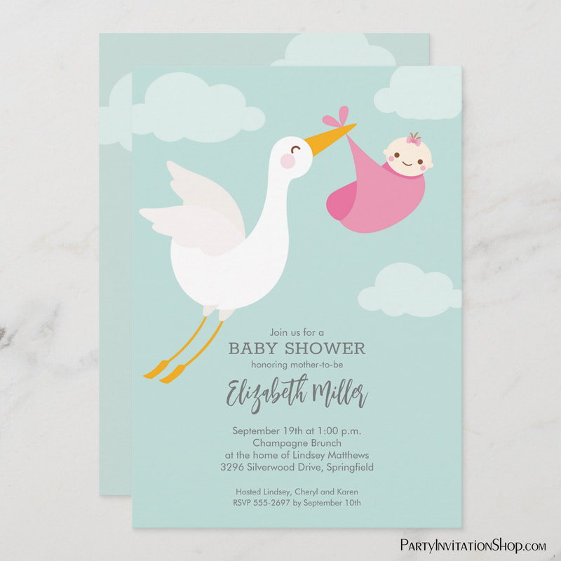 Stork Bundle Girl Baby Shower Invitations