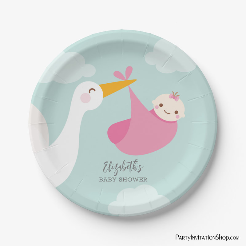Stork Bundle Girl Baby Shower Paper Plates