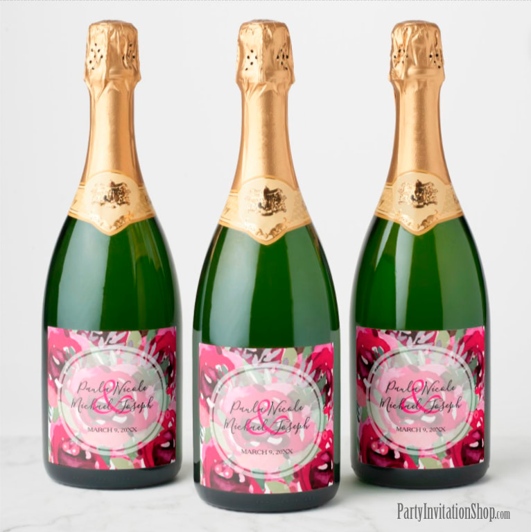 Hot Pink Watercolor Floral Wedding Champagne Labels