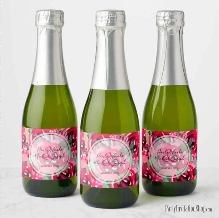 Hot Pink Watercolor Floral Wedding Mini Champagne Labels