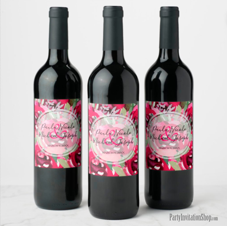 Hot Pink Watercolor Floral Wedding Wine Labels