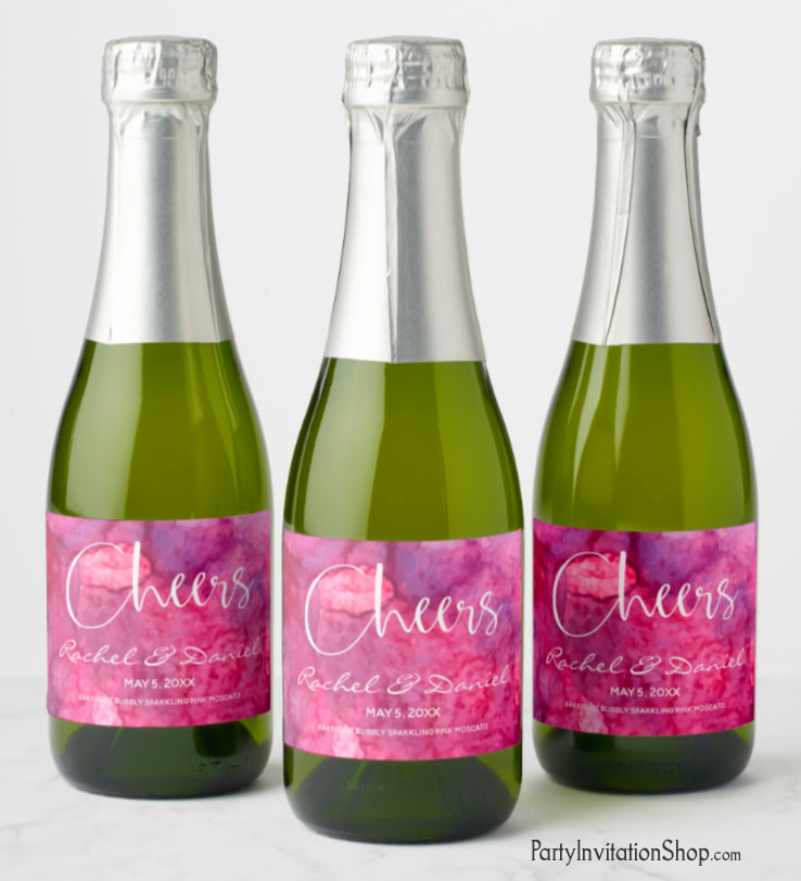 Pink Watercolor mini champagne / wine bottle personalized labels. PartyInvitationShop.com