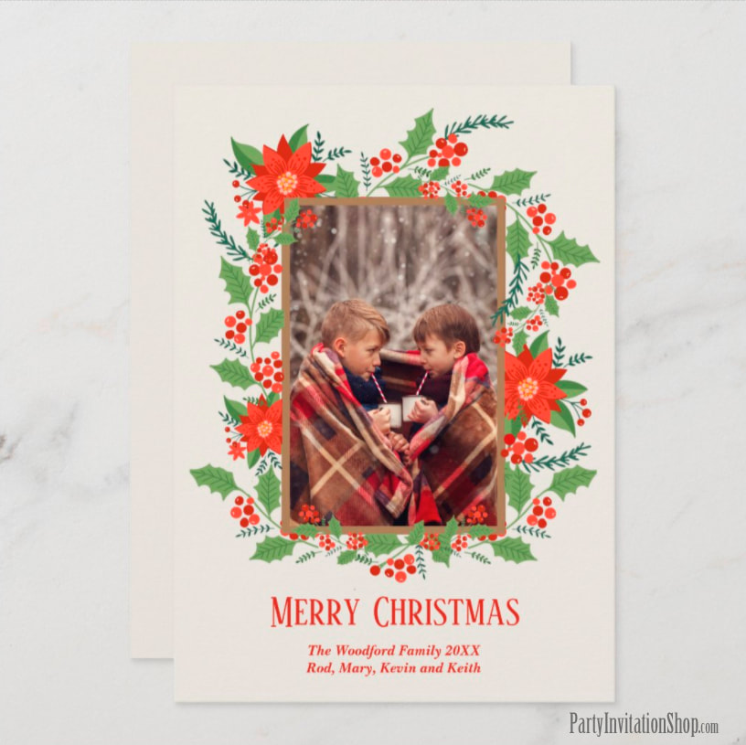 Poinsettia Berries and Greens Christmas Photo Cards