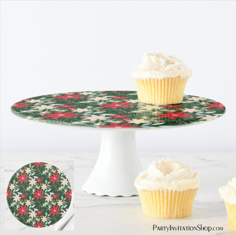 Poinsettia Flowers and Leaves Holiday Christmas Cake Stand