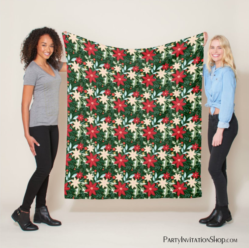 Poinsettia Flowers and Leaves Holiday Christmas Medium Fleece Blanket