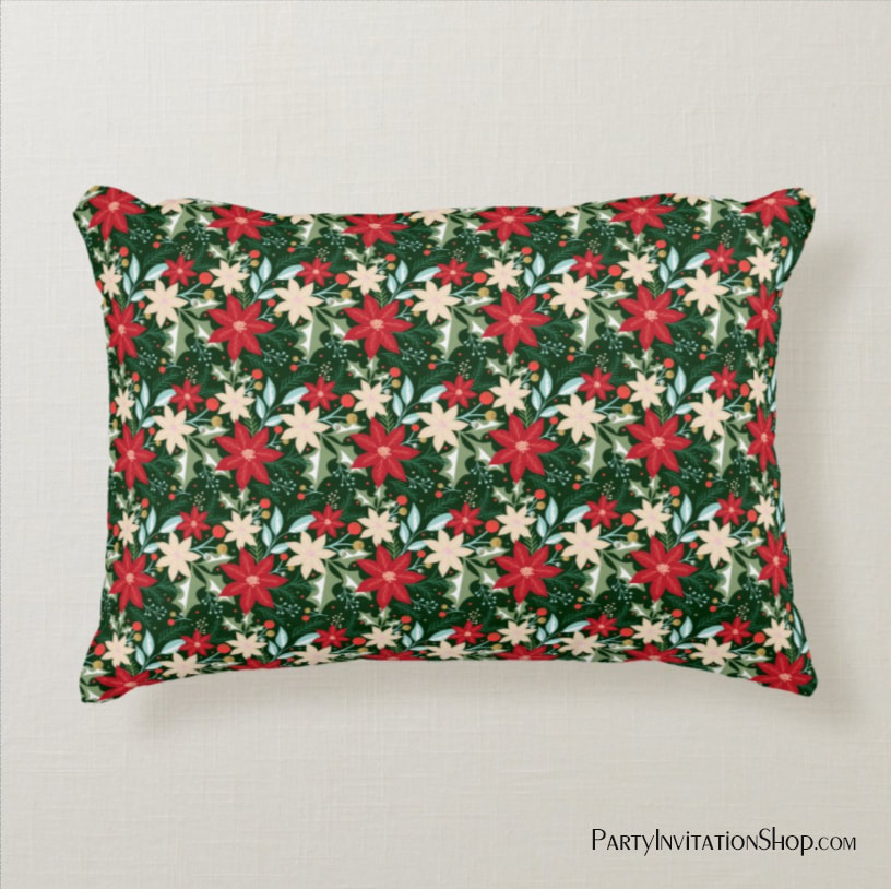 Poinsettia Flowers and Leaves Holiday Christmas Accent Pillow
