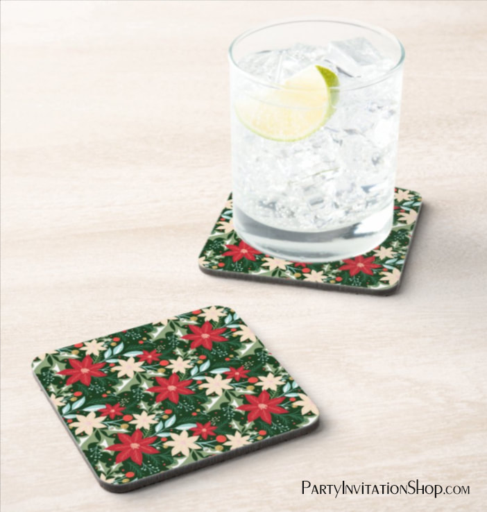 Poinsettia Flowers and Leaves Holiday Christmas Beverage Coasters