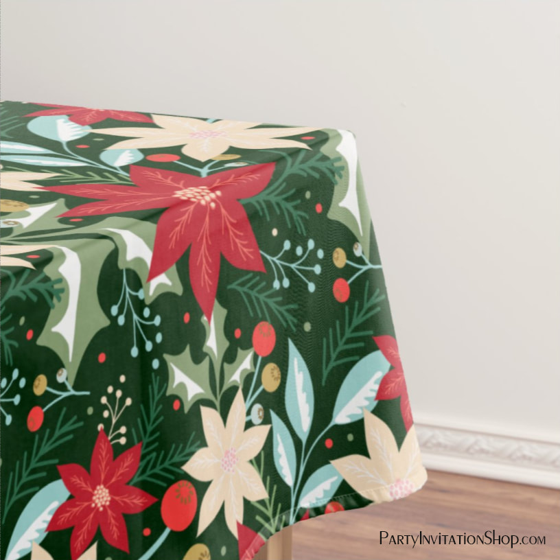 Poinsettia Flowers and Leaves Holiday Christmas Tablecloth