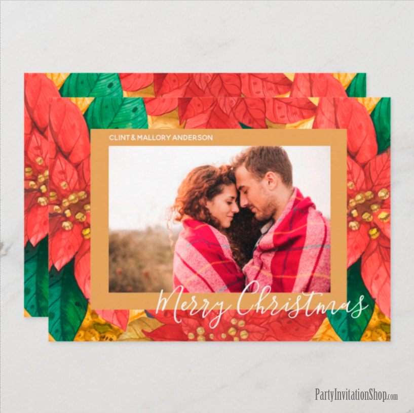 Red and Green Poinsettias Holiday Christmas Photo Cards at PartyInvitationShop.com