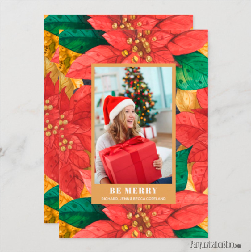 Red and Green Poinsettias Holiday Christmas Photo Cards at PartyInvitationShop.com