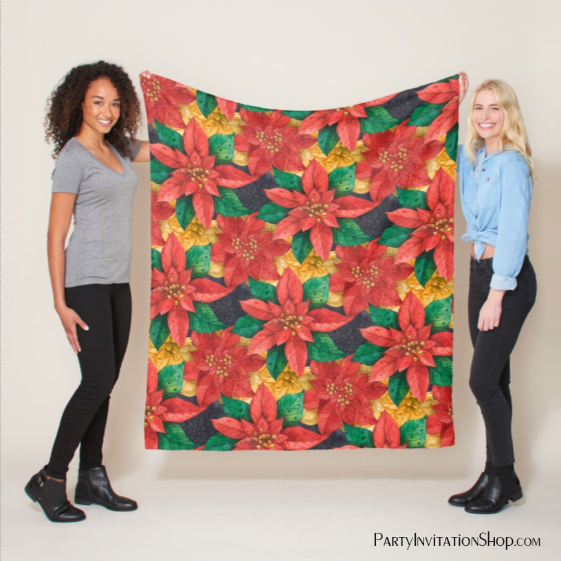 Red and Gold Poinsettias Christmas Fleece Blanket