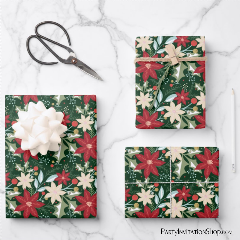Poinsettias Floral Christmas Holiday Wrapping Paper Sheets