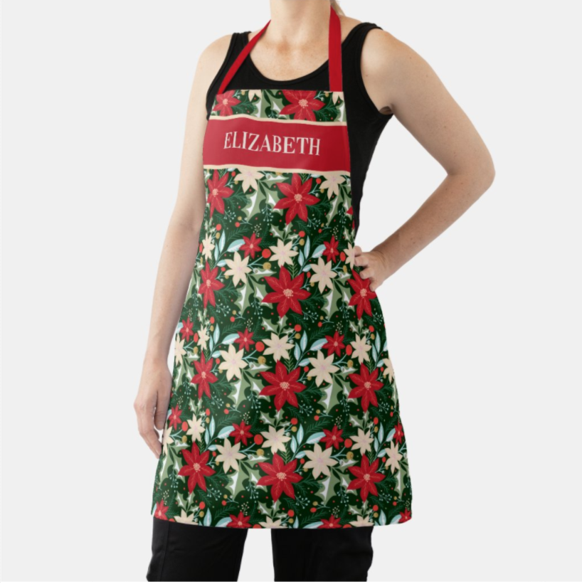 Personalized Apron - Poinsettia Christmas Holiday Design at PartyInvitationShop.com