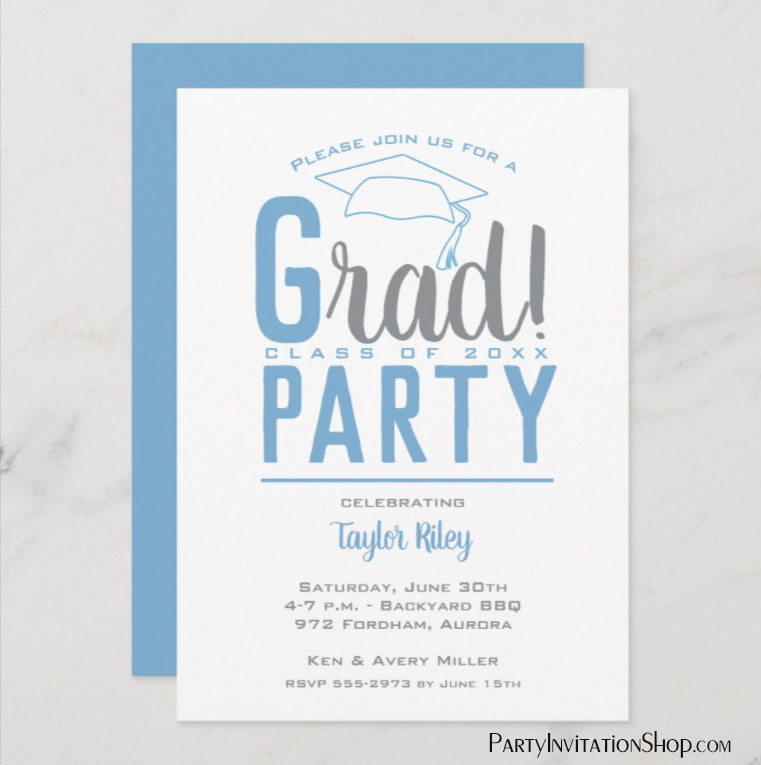 RAD graduation party invitations or graduation announcements in your school colors with a grad cap on the top, just change the wording to fit your event. Kansas State Wildcat colors of purple, white and gray.  Use for college or high school graduation. LOTS OF COLOR combinations already pre-made ready to personalize with your information. Shop PartyInvitationShop.com