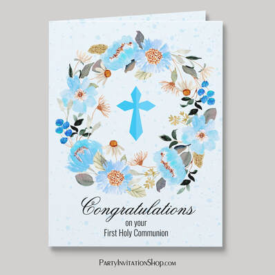 Blue Cross Floral Wreath First Communion Greeting Card