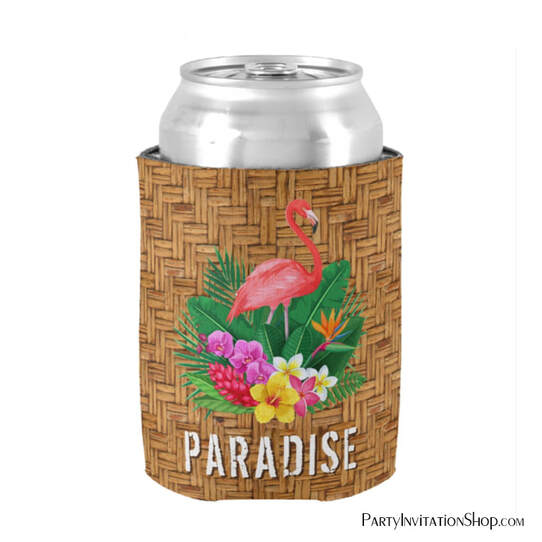 Flamingo Tropical Flowers on Wicker Print Can Coolers