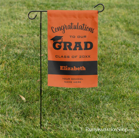 Congratulations Grad Black on Orange Garden Flag