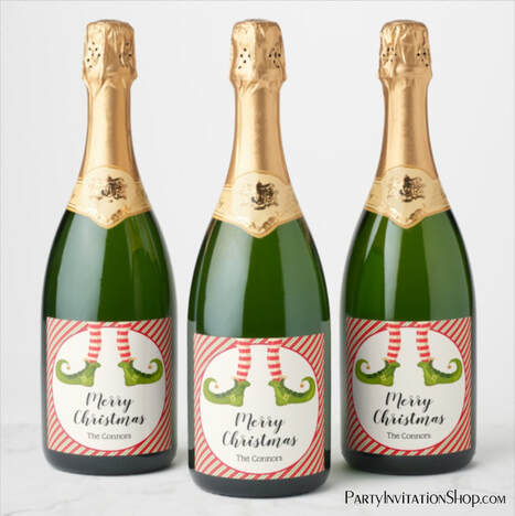 Wine Bottle Labels - PERSONALIZED - Jolly Christmas Elf Legs at PartyInvitationShop.com