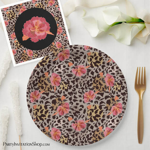 Leopard Animal Print and Pink Flowers Paper Plates and Napkins
