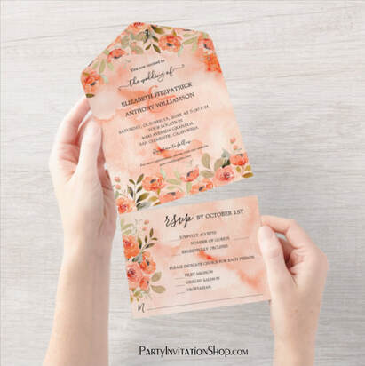 Orange Watercolor Florals All In One Wedding Invitations