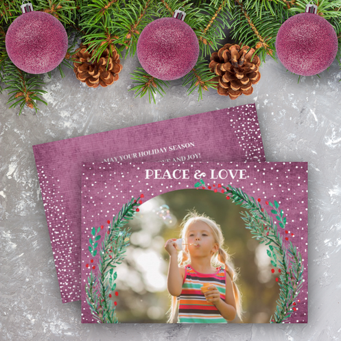 Pine Wreath on Plum Purple Christmas Photo Holiday Cards