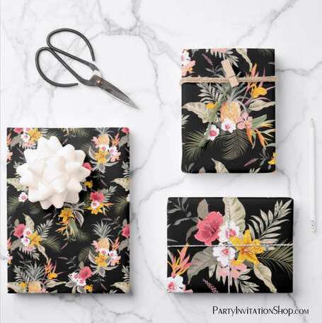 Pineapple Tropical Flowers Black Wrapping Paper Sheets