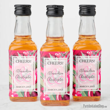 Hot Pink Watercolor Floral Wedding Mini Liquor Bottle Labels