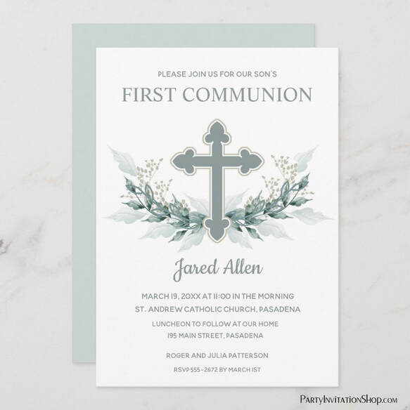 Wreath & Sage Cross First Communion, Baptism, Christening Invitations at PartyInvitationShop.com