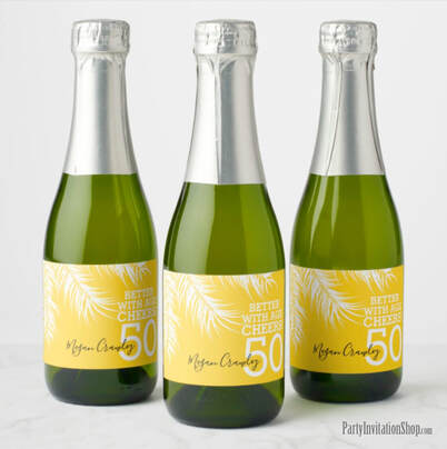 Better with Age Mini Champagne Labels - White Palm Fronds on Yellow