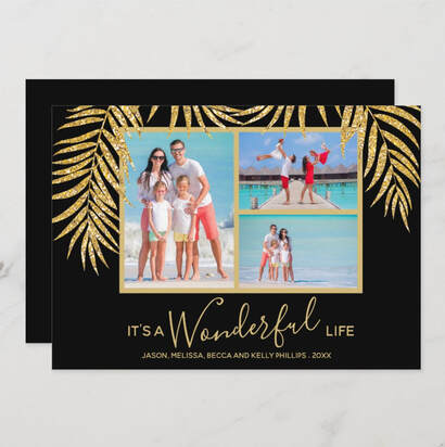 Gold Palms Photo Collage Christmas Holiday Cards
