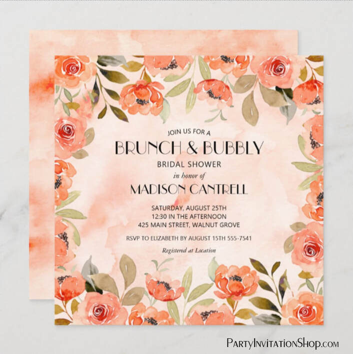 Brunch and Bubbly Watercolor Orange Floral Invitations