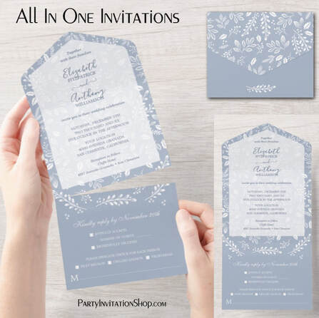 White Botanicals on Dusty Blue All In One Wedding Invitations