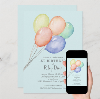 Watercolor Balloons Boy 1st Birthday Invitations