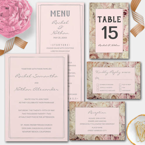 Shades of Pink Vintage Roses Wedding Invitation Suite and party supplies at PartyInvitationShop.com