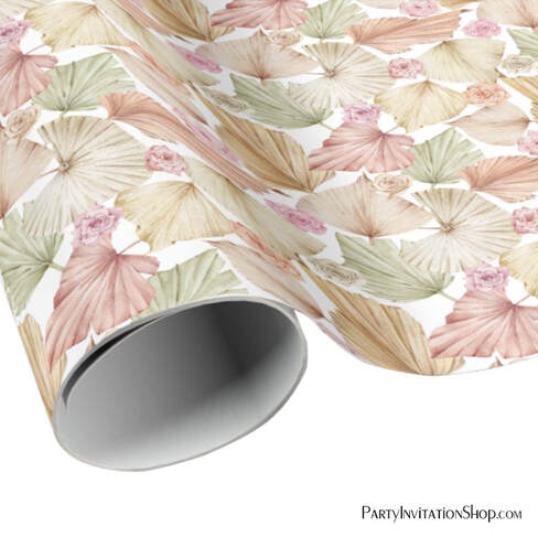 Watercolor Palm Leaves and Roses Wrapping Paper Roll