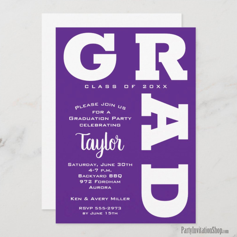 Bold GRAD | Purple and White Graduation Party Invitations