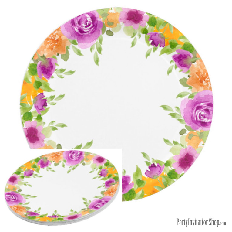 Purple Watercolor Blooms Floral Wedding Paper Plates