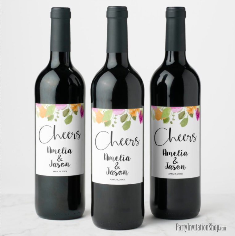 Greenery Purple and Yellow Floral Watercolor Wine Labels