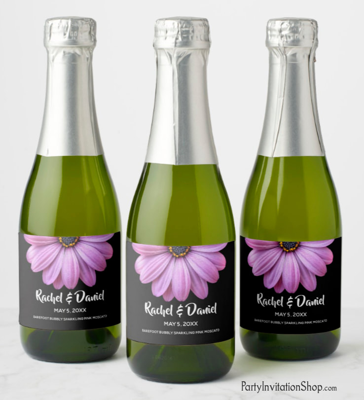 Purple Daisy on Black mini champagne / wine bottle personalized labels. PartyInvitationShop.com