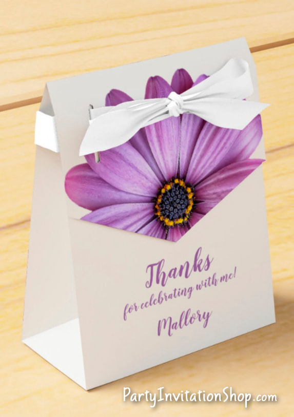 Purple Daisy tent style favor boxes with ribbon closure for birthday, bridal shower, baptism, christening, first communion, anniversary and more PLUS coordinating party invitations and party supplies. PartyInvitationShop.com