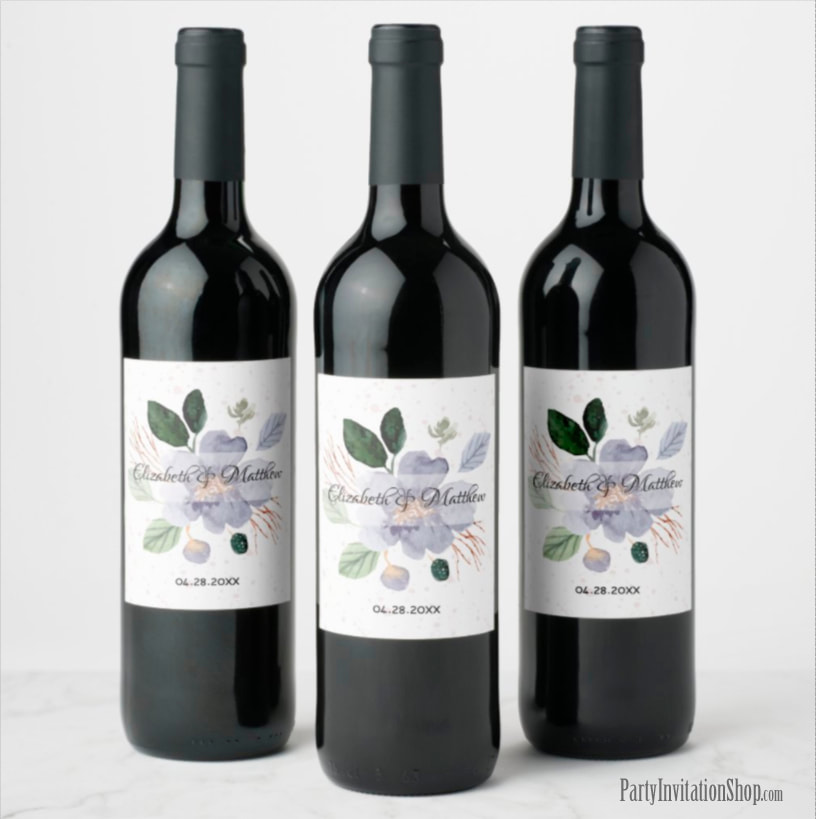 Purple Watercolor Flower Wine Bottle Labels PERSONALZIED